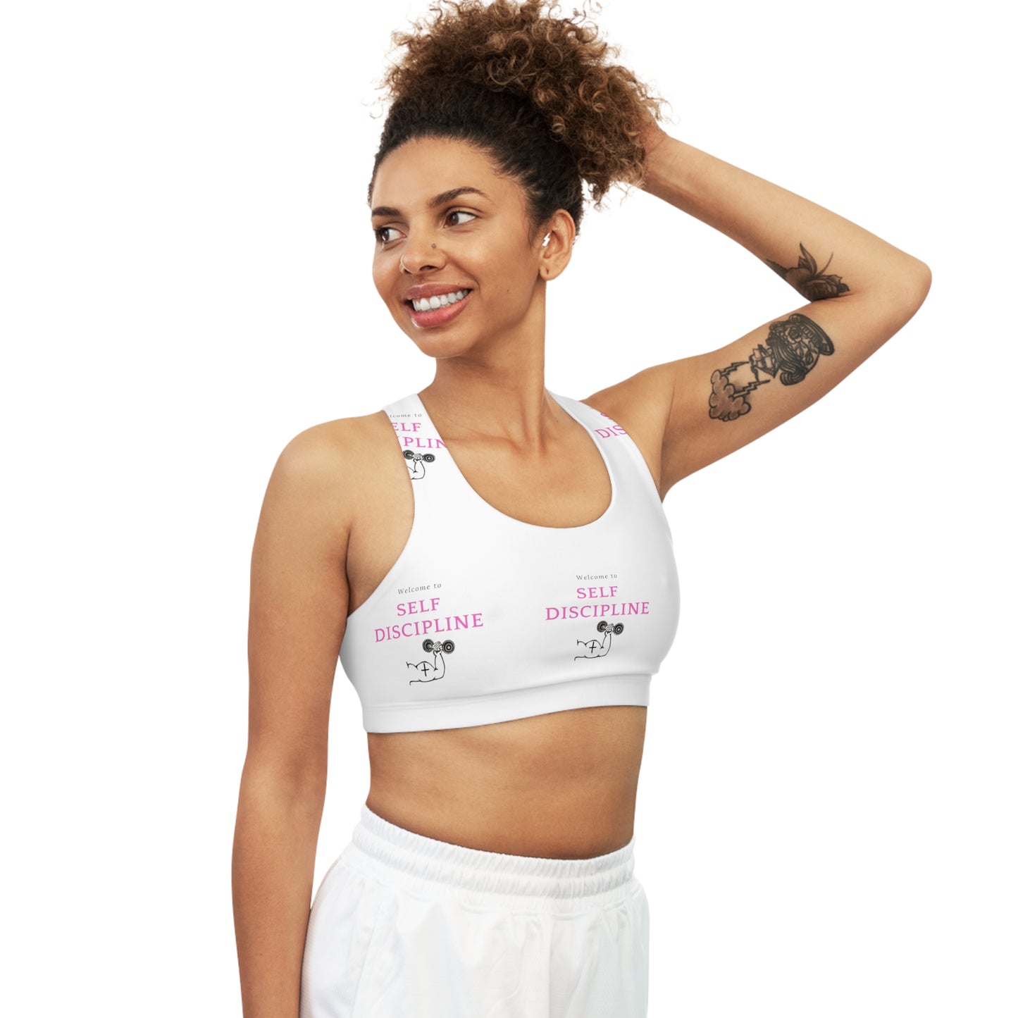 Seamless Sports Bra (AOP)/Welcome to self discipline/pink