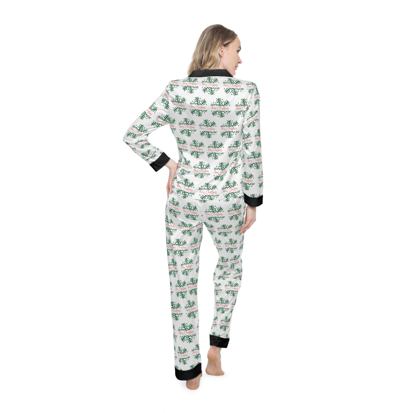 Women's Satin Holiday Pajamas (AOP)/ Merry Christmas Red/Green/Black collar and cuffs