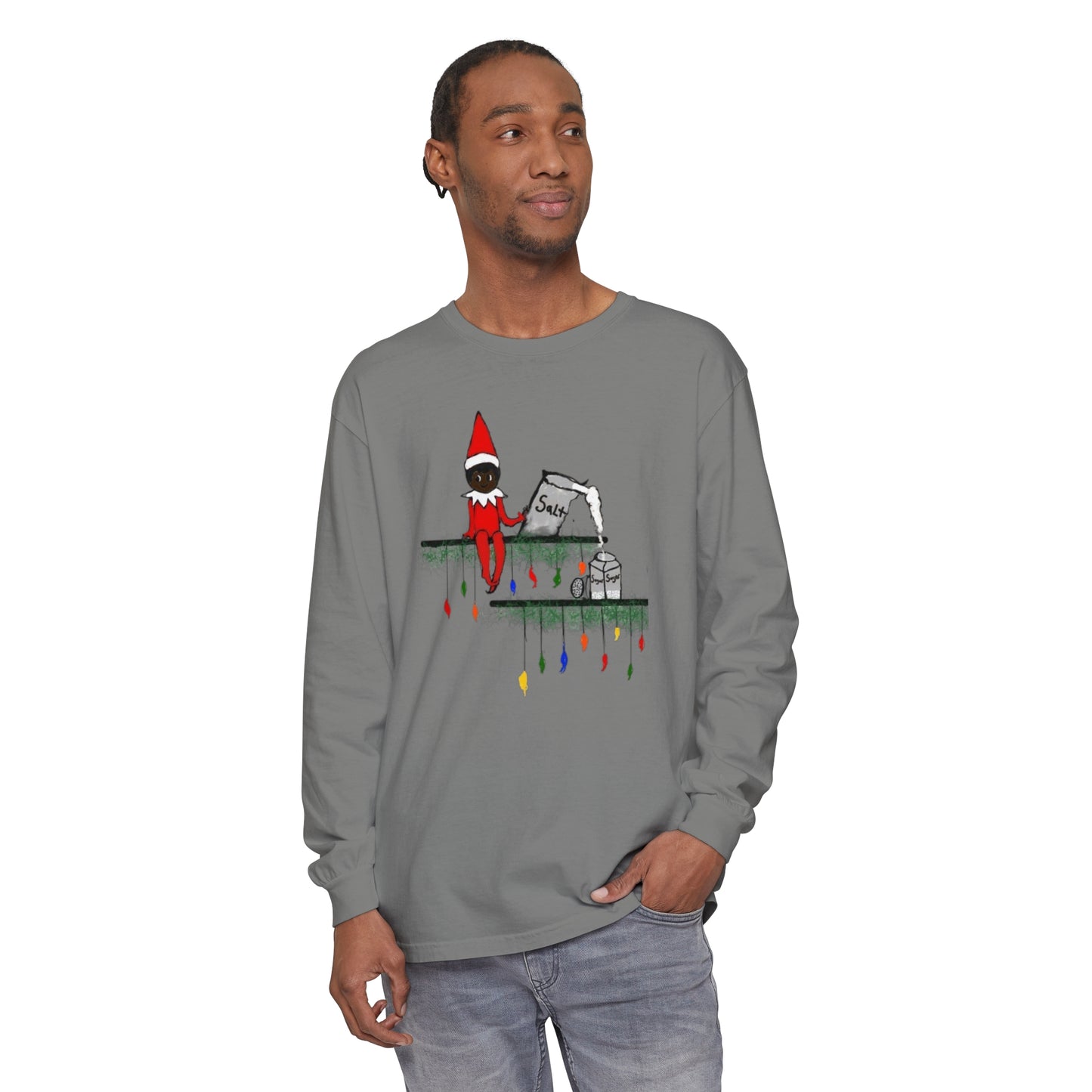 Men's Garment-dyed Long Sleeve T-Shirt/Holiday Funny/African American elf on the shelf/ Salt in the Sugar