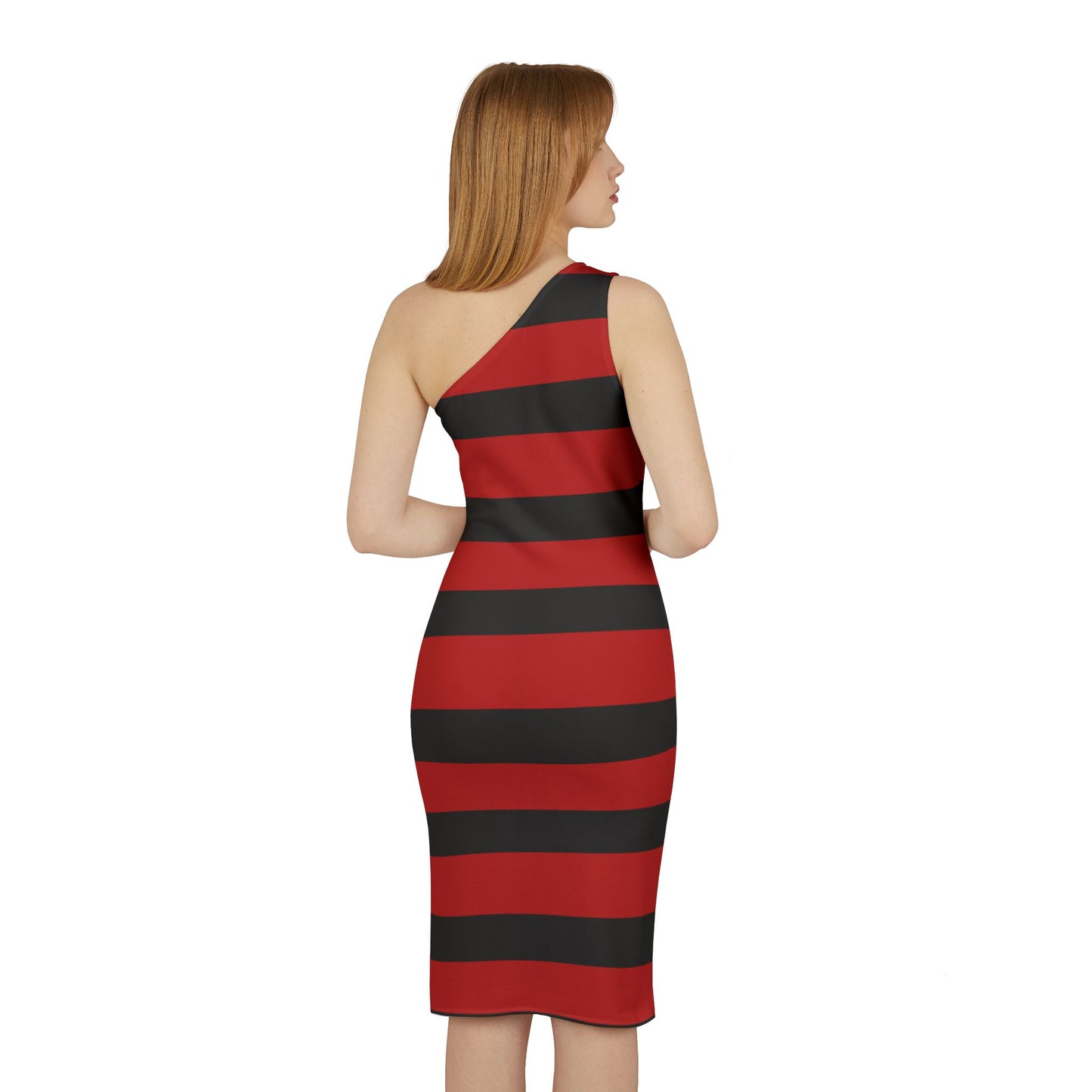 Women's Holiday Shoulder Dress (AOP)/ Reindeer Black/Red Striped