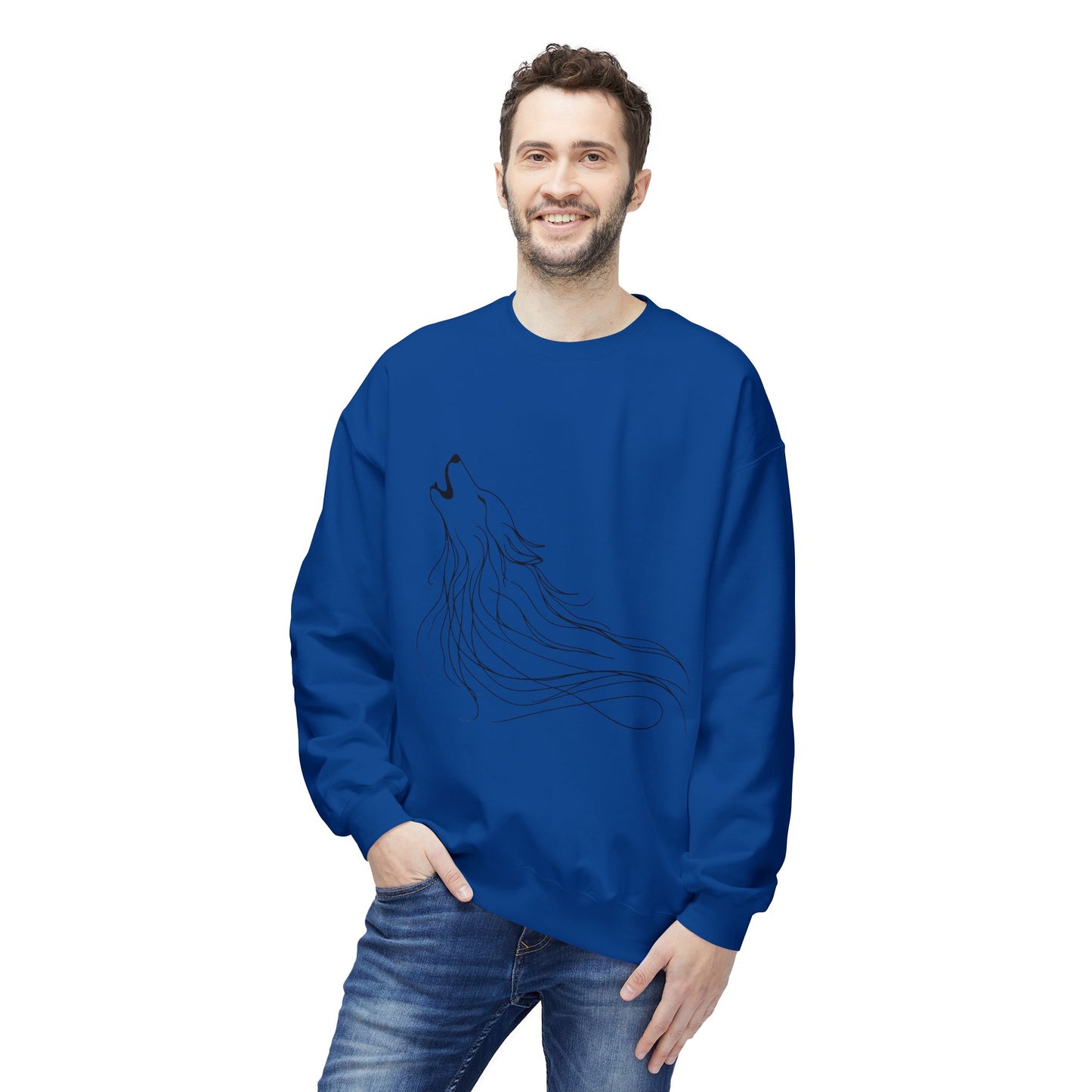 Unisex Midweight Softstyle Fleece Crewneck Sweatshirt/ Howling Wolf/ Line Art