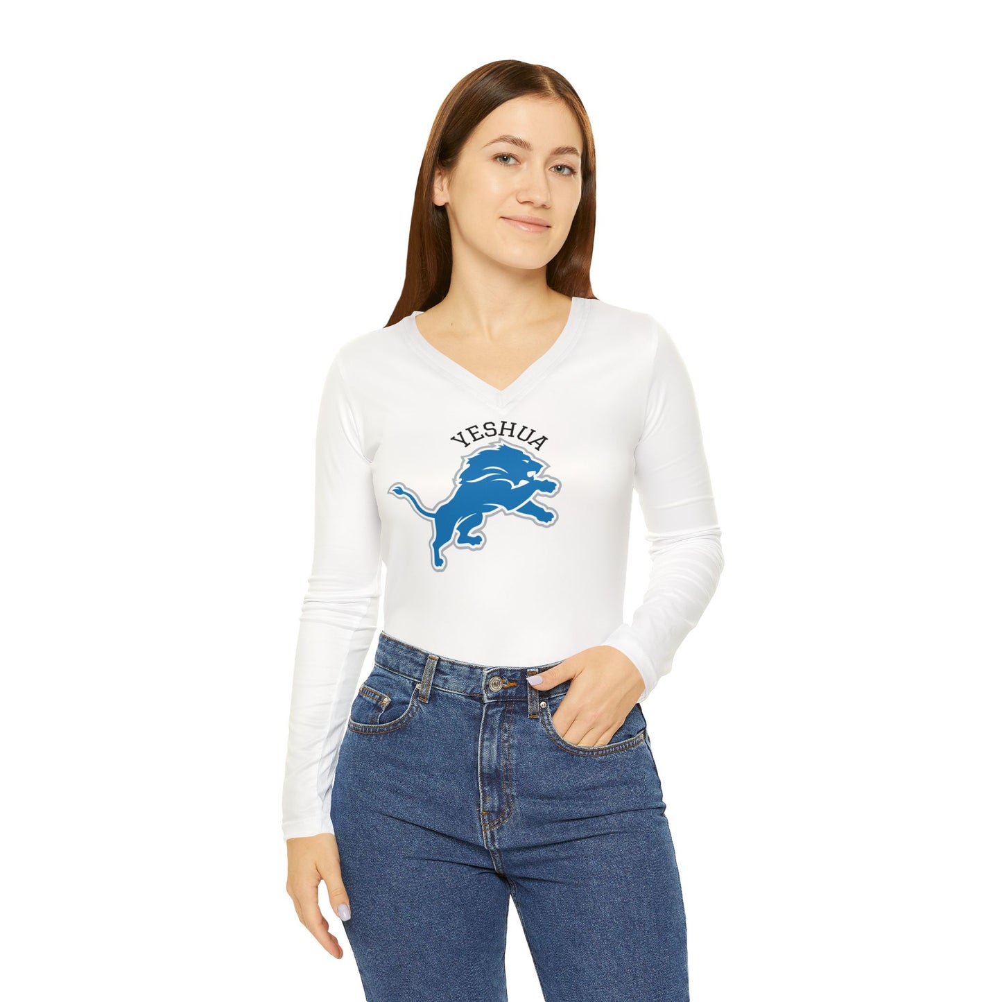 Women's Long Sleeve V-neck Shirt (AOP)Yeshua/Blue/White/Lion