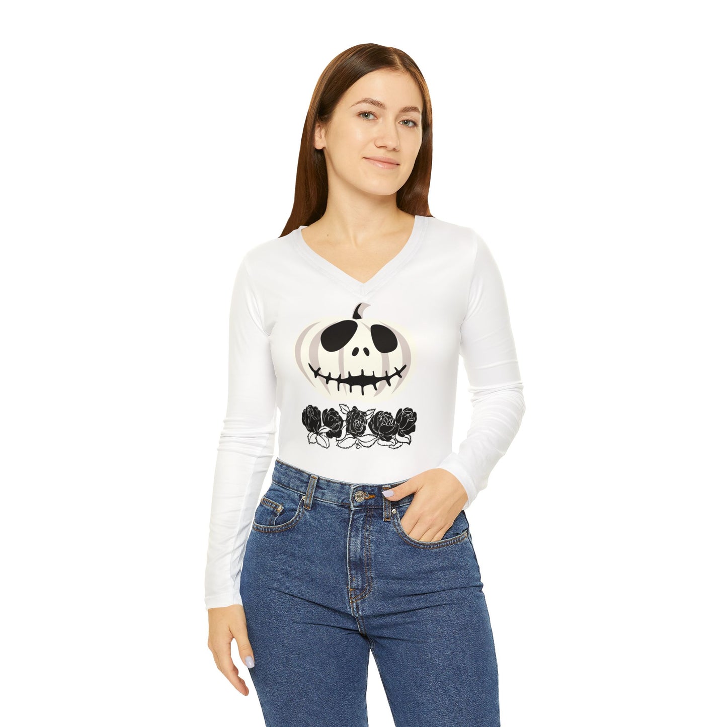 Women's Long Sleeve V-neck Shirt (AOP)/White Jacko-O- lantern