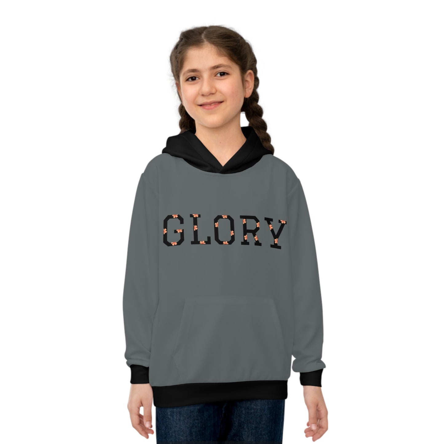 Children's Hoodie (AOP)/ Glory/ Dark Grey/Orange Daisies