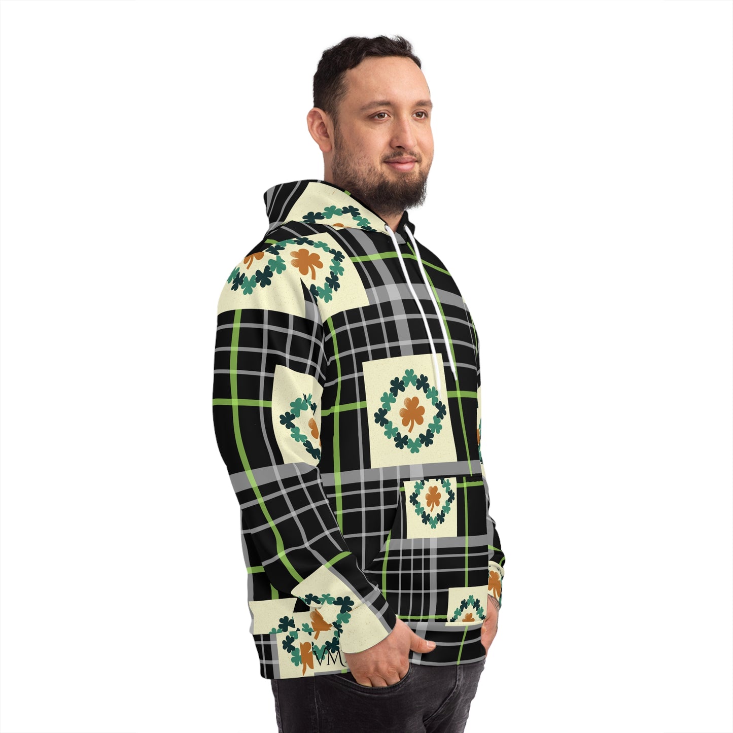 Hoodie (AOP)/Black and green plaid/clovers/St. Patrick's Day