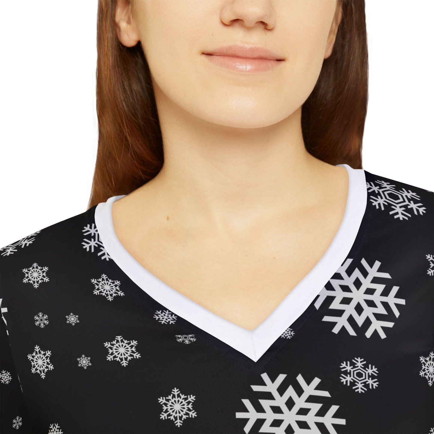 Women's Long Sleeve V-neck Shirt (AOP)/ Black/White Snowflakes/Holiday