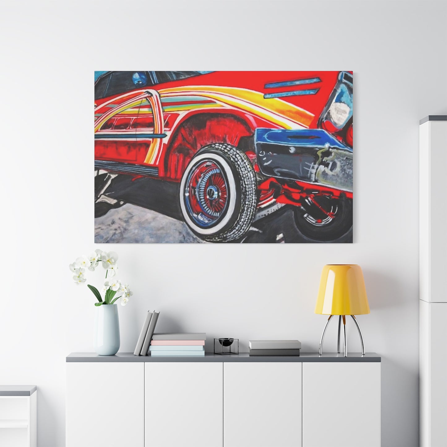 Matte Canvas, Stretched, 1.25" /Acrylic Painted Print/Red Lowrider on Hydraulics