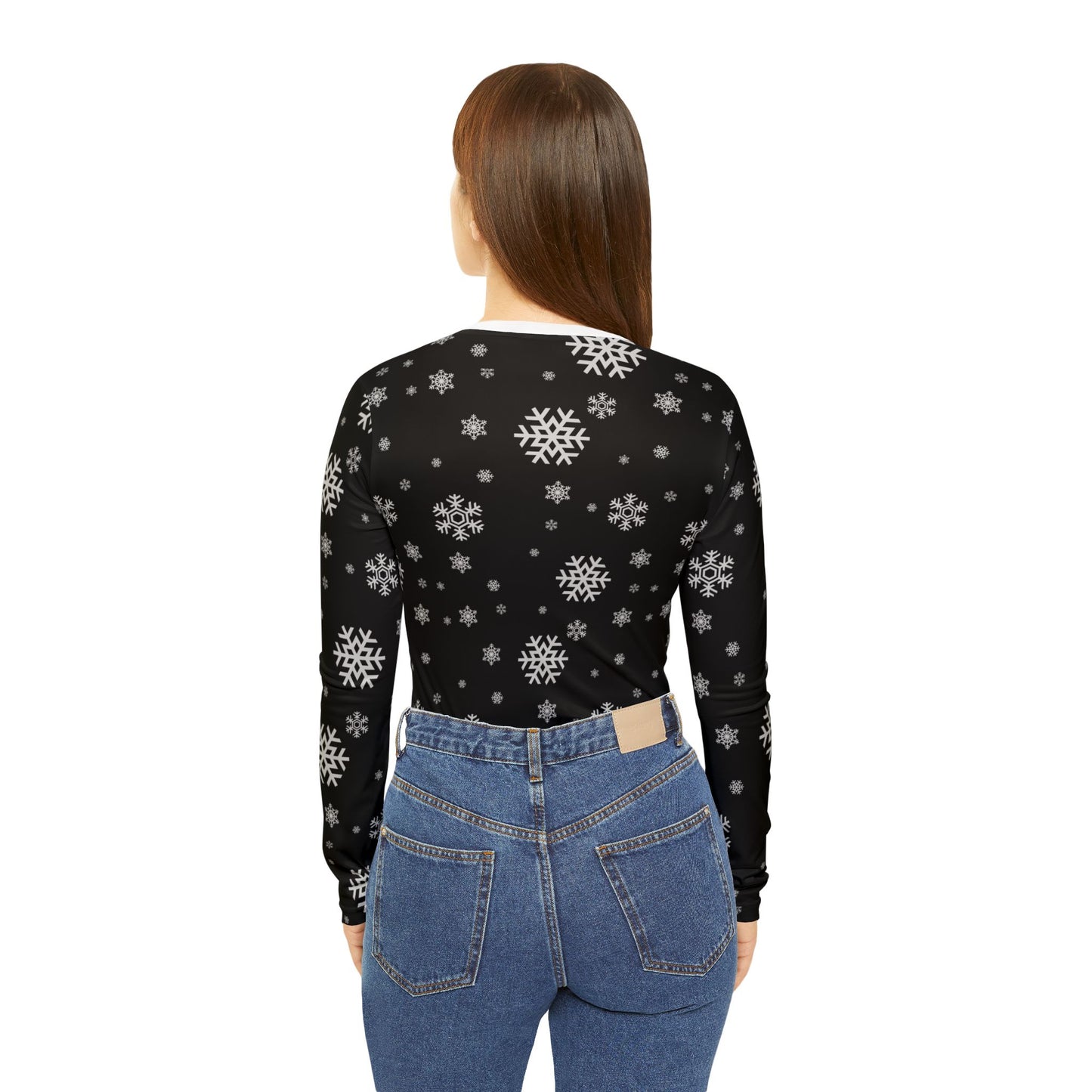 Women's Long Sleeve V-neck Shirt (AOP)/ Black/White Snowflakes/Holiday