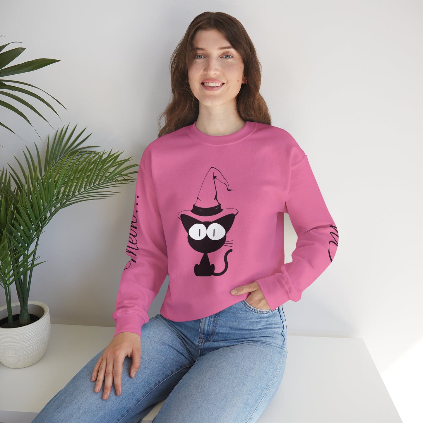 Womans Heavy Blend™ Crewneck Sweatshirt/Cat in a Hat/Holiday/Text down the Arm