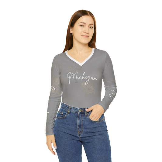 Women's Long Sleeve V-neck Shirt (AOP)/ Michigan/ Gray/white