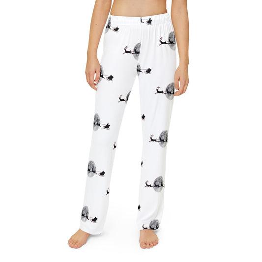 Kids Pajama Pants (AOP)/Santa flying across the moon/White