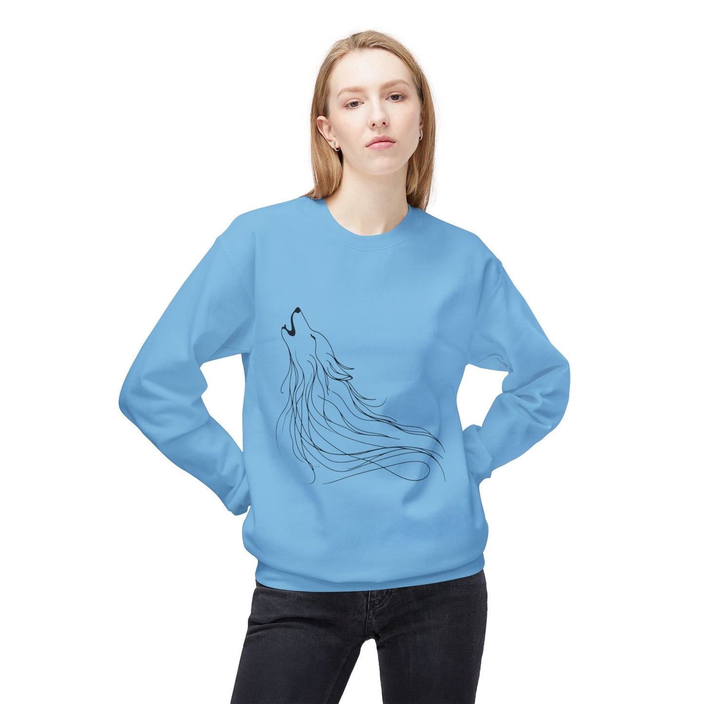 Unisex Midweight Softstyle Fleece Crewneck Sweatshirt/ Howling Wolf/ Line Art