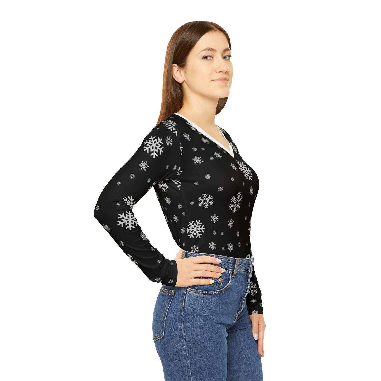 Women's Long Sleeve V-neck Shirt (AOP)/ Black/White Snowflakes/Holiday