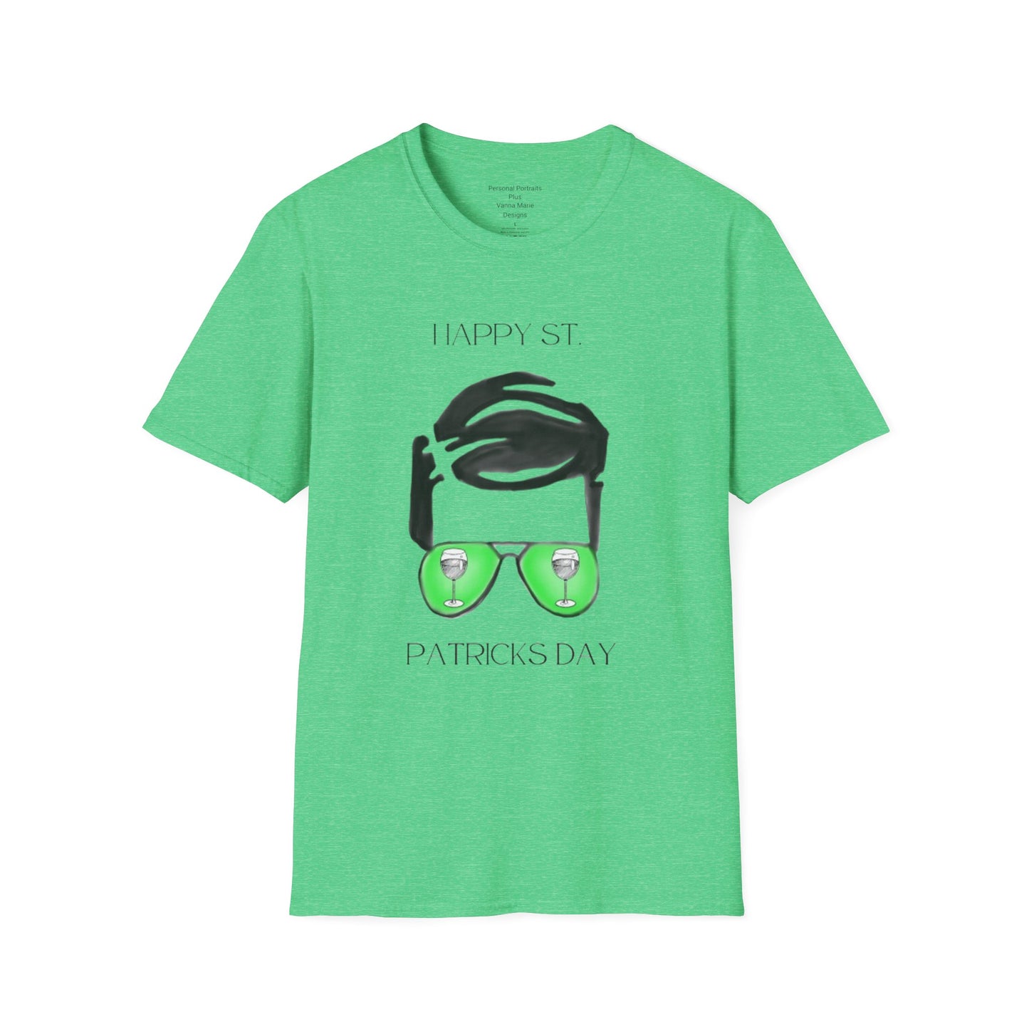 Unisex Softstyle T-Shirt/Happy St. Patrick's Day/ Man/ Brunette/ Green Glasses/Wine Glass