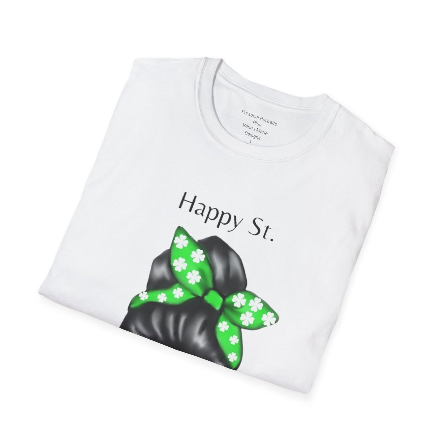 Unisex Softstyle T-Shirt/Happy St. Patrick's Day/ Woman/ Brunette/ Green Glasses/ White Clovers