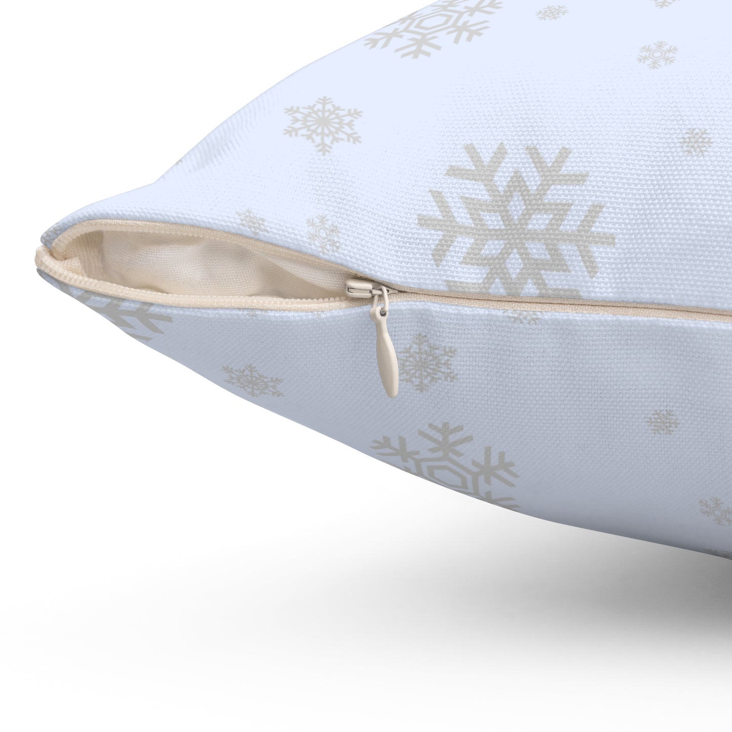 Spun Polyester Square Pillow/Gingerbread man in the sleigh/Front/Snowman in sleigh/ Back/ Baby Blue/ White Snowflakes