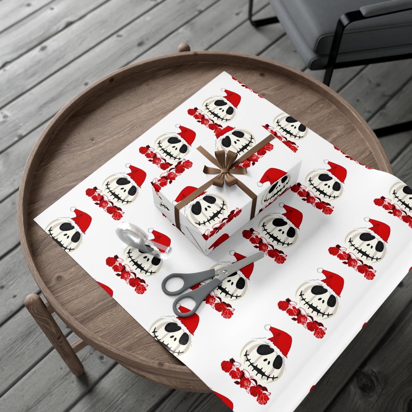 Holiiday Gift Wrap Papers/White Jack O Lantern Red Santa Hat/Red Roses/Dark Gray