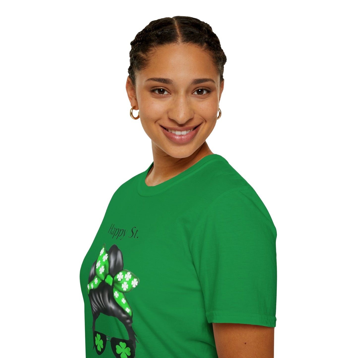 Unisex Softstyle T-Shirt/Happy St. Patricks' Day/ Woman/ Brunette/ Black Glasses/Green Clovers