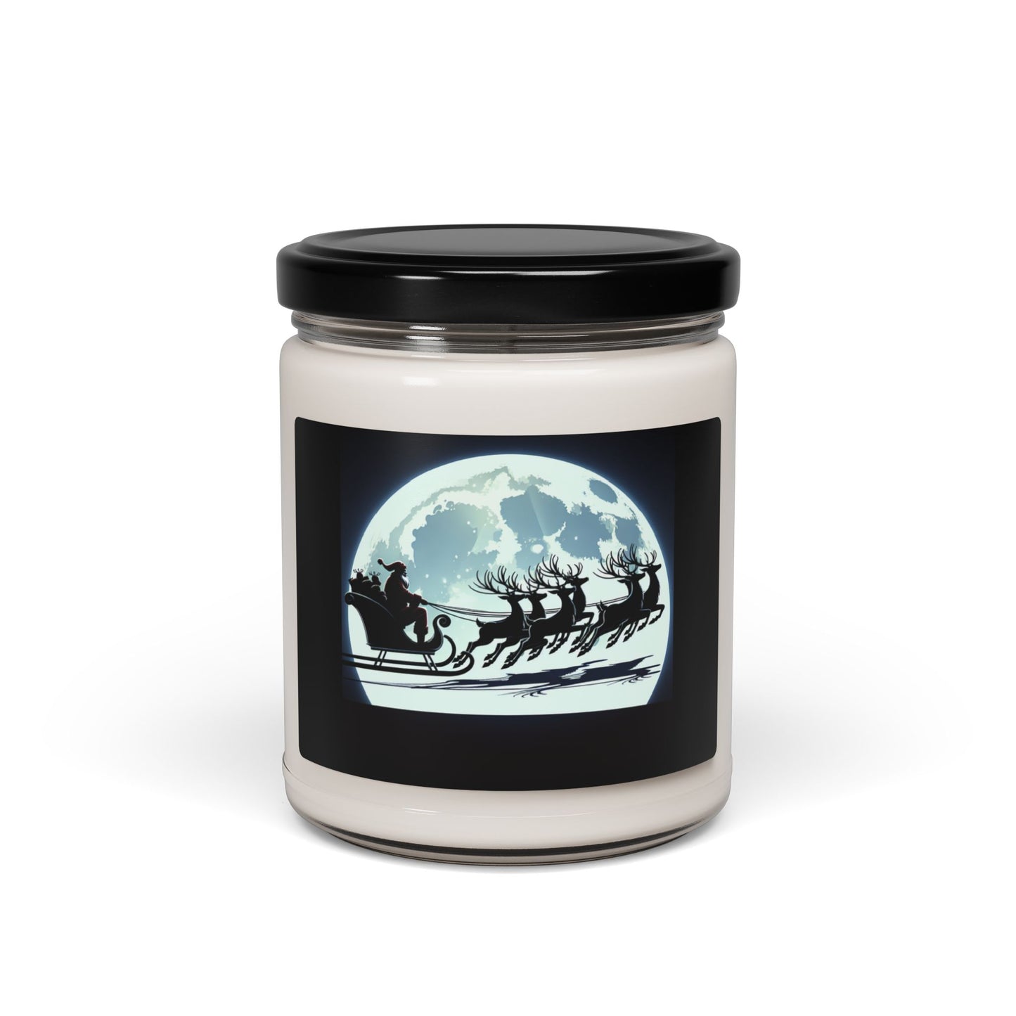 Scented Soy Candle, 9oz/Santa and His Flying Reindeer/Moon BG/Blue