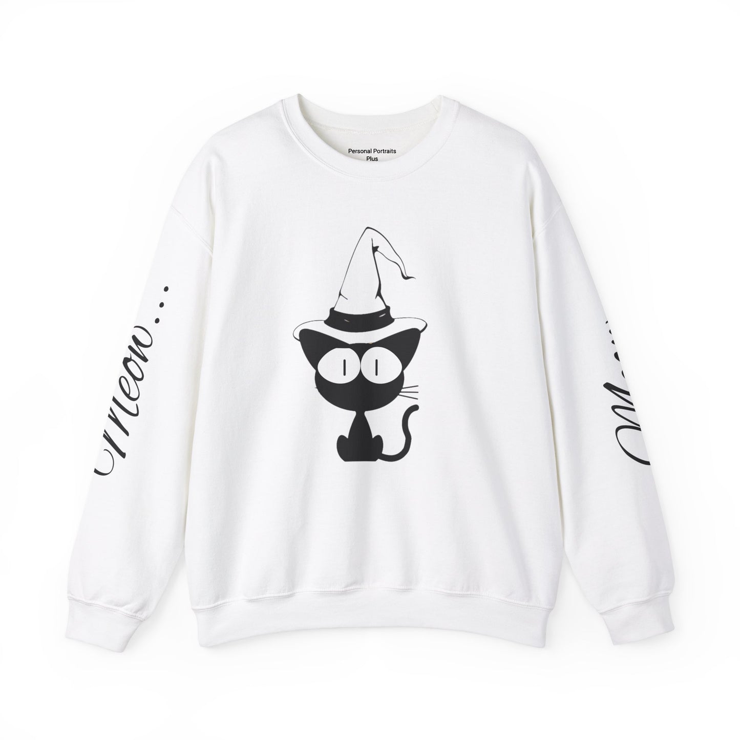 Womans Heavy Blend™ Crewneck Sweatshirt/Cat in a Hat/Holiday/Text down the Arm