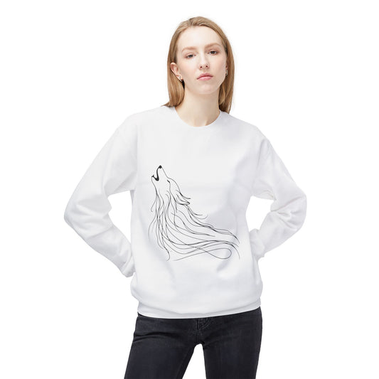 Unisex Midweight Softstyle Fleece Crewneck Sweatshirt/ Howling Wolf/ Line Art