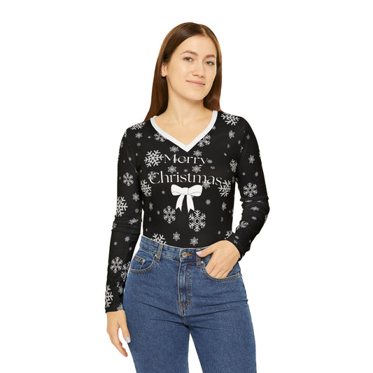 Women's Long Sleeve V-neck Shirt (AOP)/Merry Christmas/Black/White Snowflakes/Holiday/White Bow