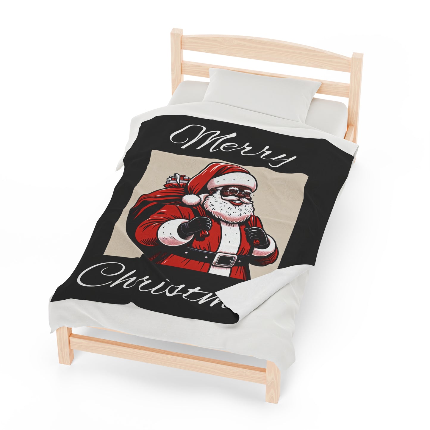 Velveteen Plush Blanket/African American Santa/Merry Christmas