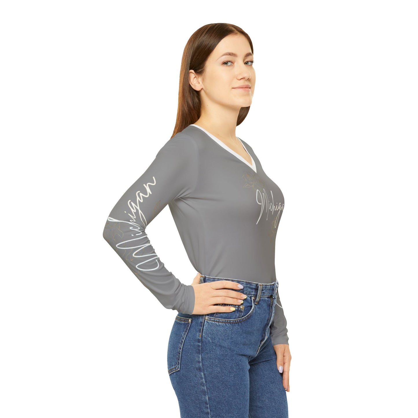 Women's Long Sleeve V-neck Shirt (AOP)/ Michigan/ Gray/white