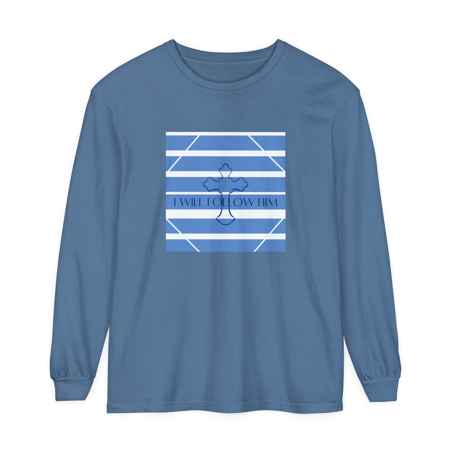 Men's Garment-dyed Long Sleeve T-Shirt/ I will follow him/Blue Transparent Striped