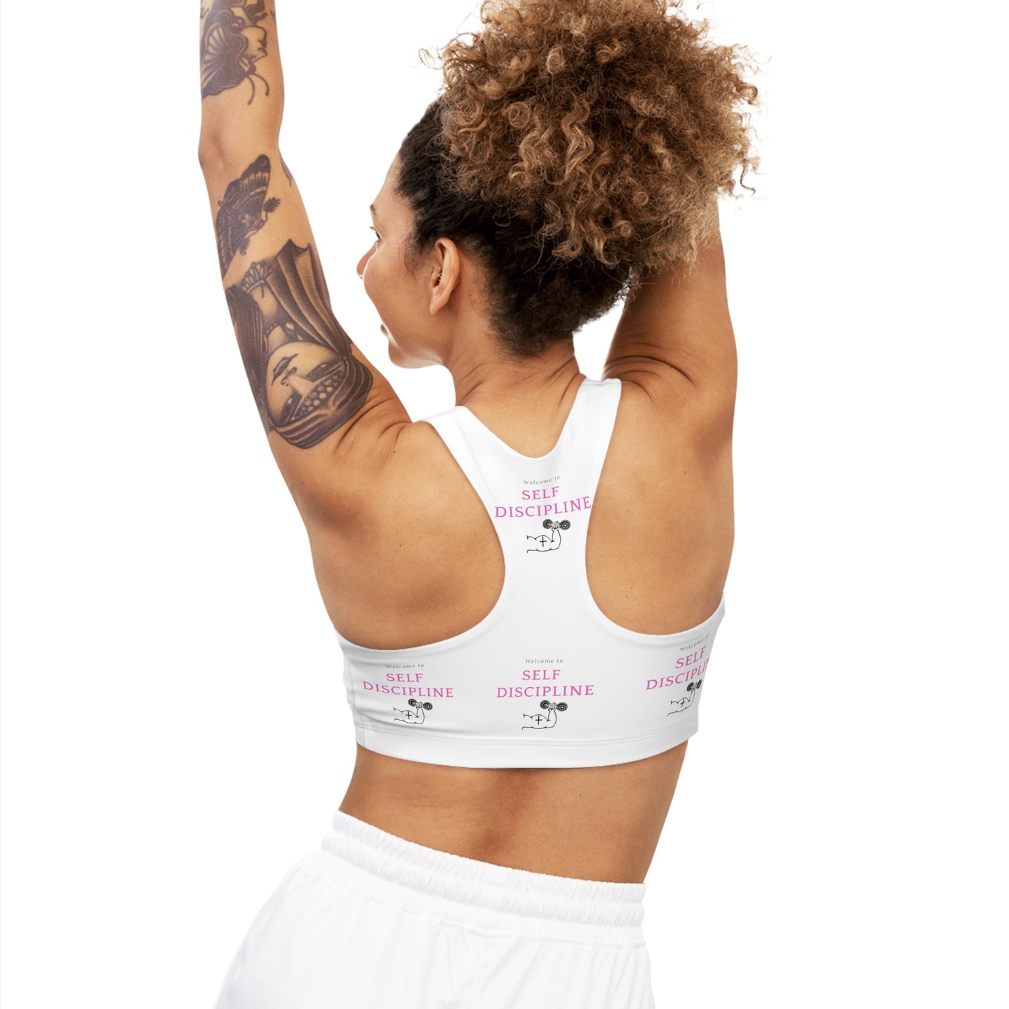 Seamless Sports Bra (AOP)/Welcome to self discipline/pink