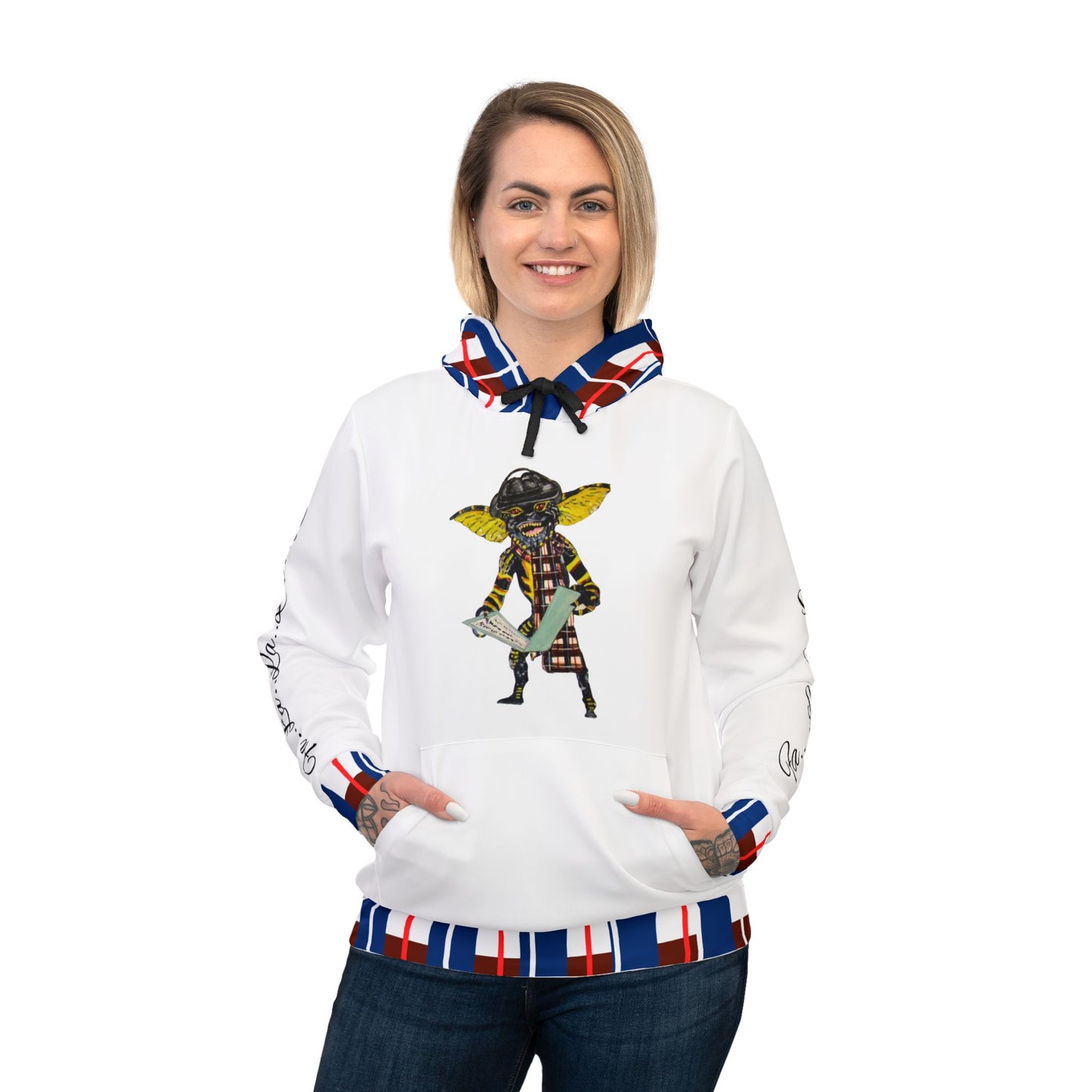 Unisex Athletic Hoodie (AOP)/ Caroling Gremlin/ Black Hat/Red /White /Blue/ Plaid/Fa.. la..la..la..la..