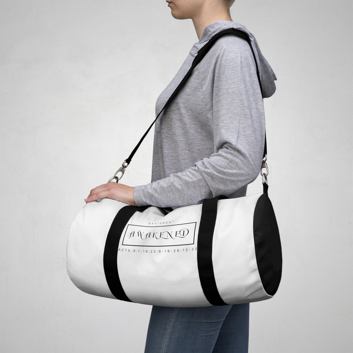 Duffel Bag/Awakened/White/Black/Bible Scripture/Rectangle