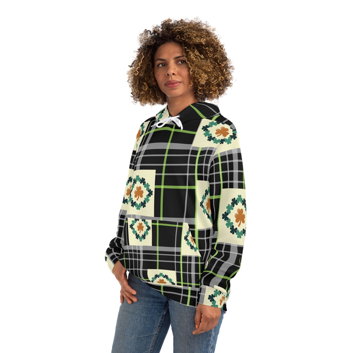 Hoodie (AOP)/Black and green plaid/clovers/St. Patrick's Day