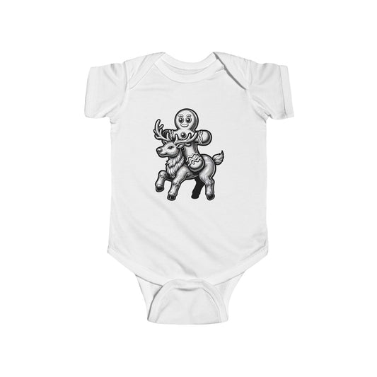 Infant Fine Jersey Bodysuit/ Gingerbread man riding a Reindeer/ Black/White