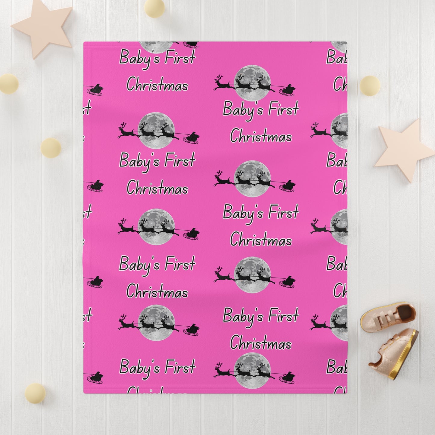 Soft Fleece Baby Blanket/ Baby's first Christmas/Santa flying across the moon Silhouette/ Pink