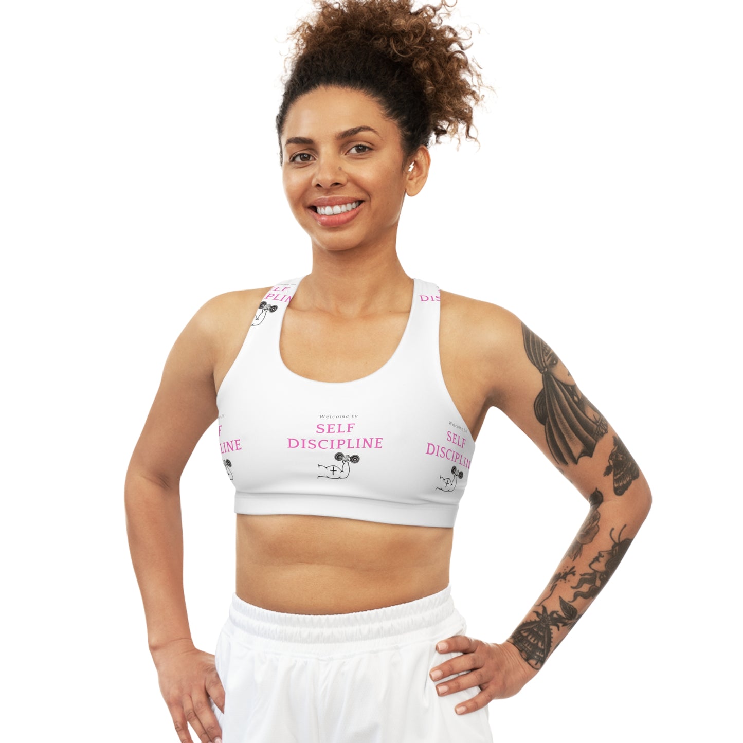 Seamless Sports Bra (AOP)/Welcome to self discipline/pink