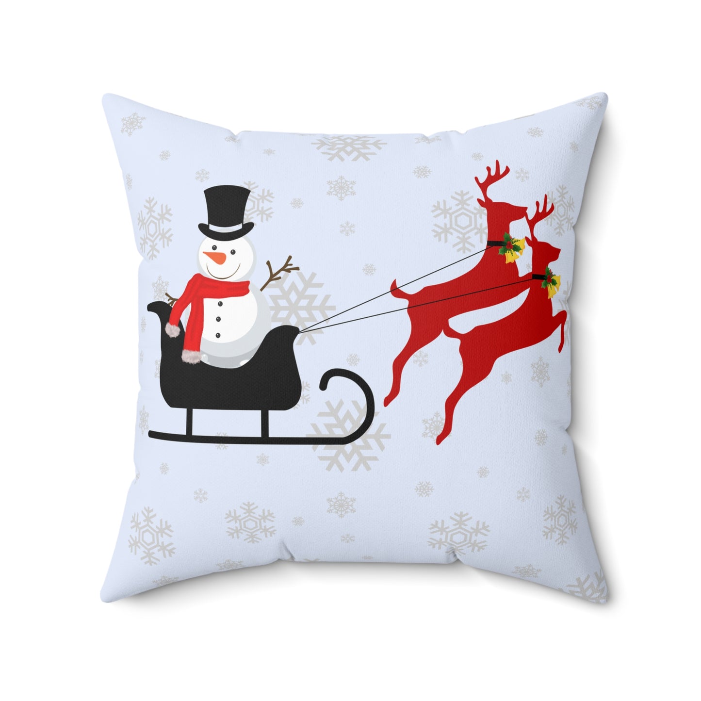 Spun Polyester Square Pillow/Gingerbread man in the sleigh/Front/Snowman in sleigh/ Back/ Baby Blue/ White Snowflakes