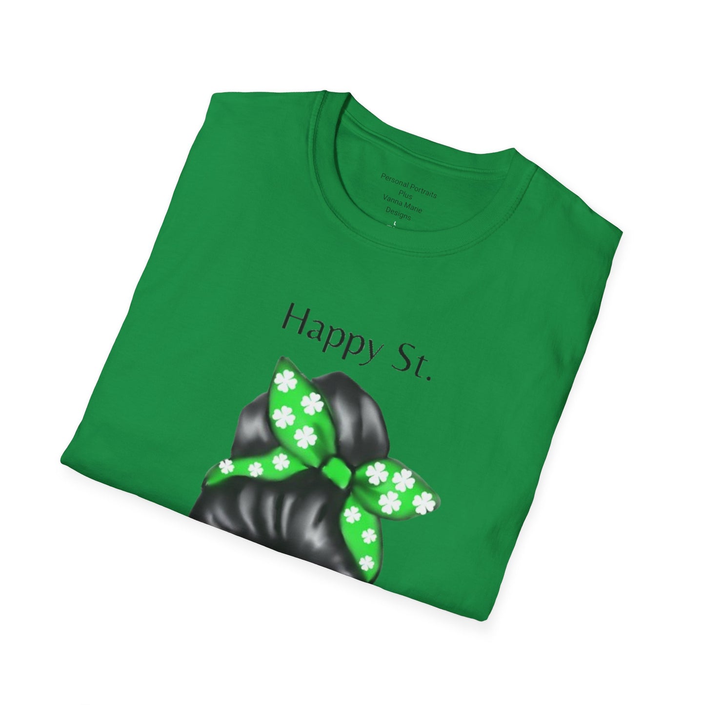 Unisex Softstyle T-Shirt/Happy St. Patrick's Day/ Woman/ Brunette/ Green Glasses/ White Clovers