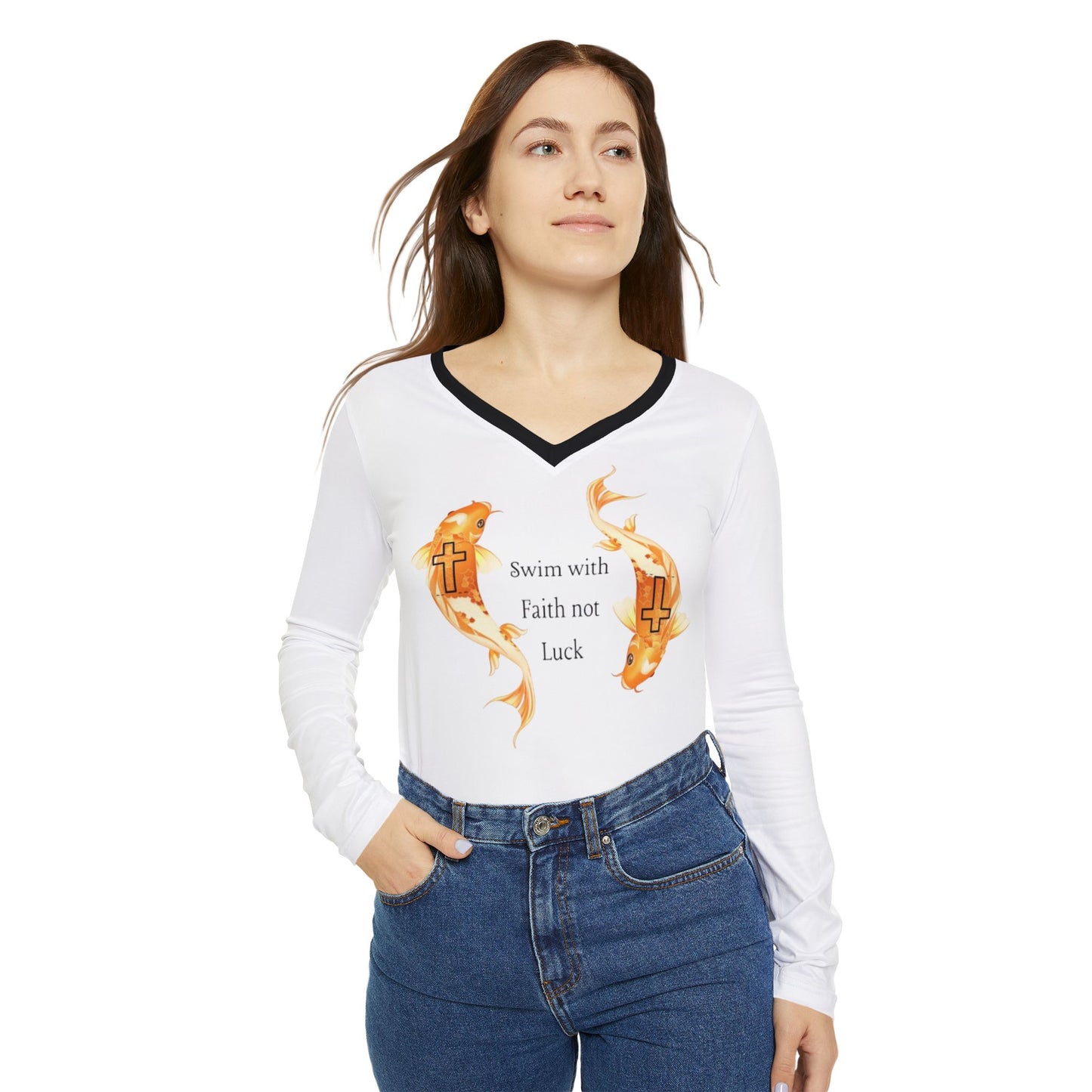 Women's Long Sleeve V-neck Shirt (AOP)/ Swim with faith not luck/koi fish/White