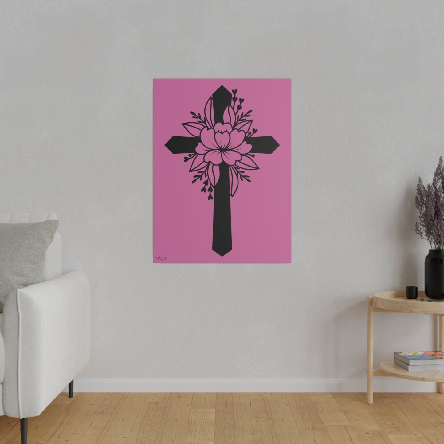 Digital Portrait Print, 0.75"/Floral Cross/Pink BG