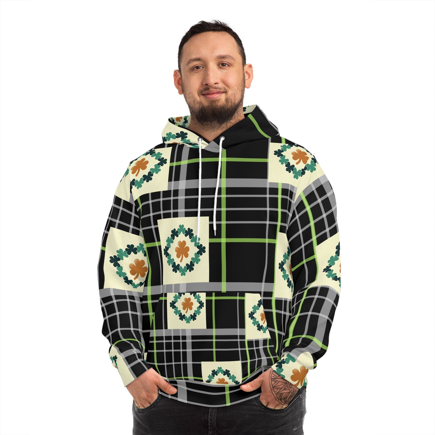 Hoodie (AOP)/Black and green plaid/clovers/St. Patrick's Day