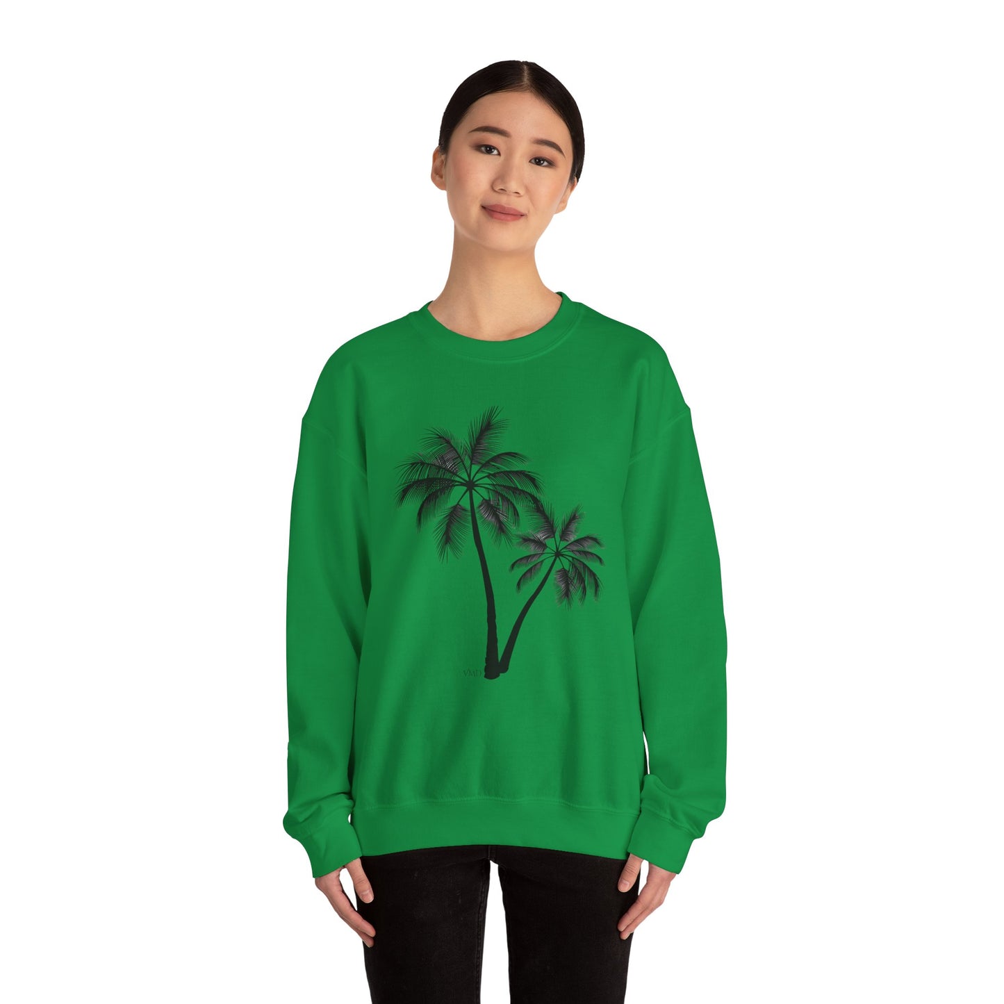 Womans Heavy Blend™ Crewneck Sweatshirt/2 Palm Trees/Black/White