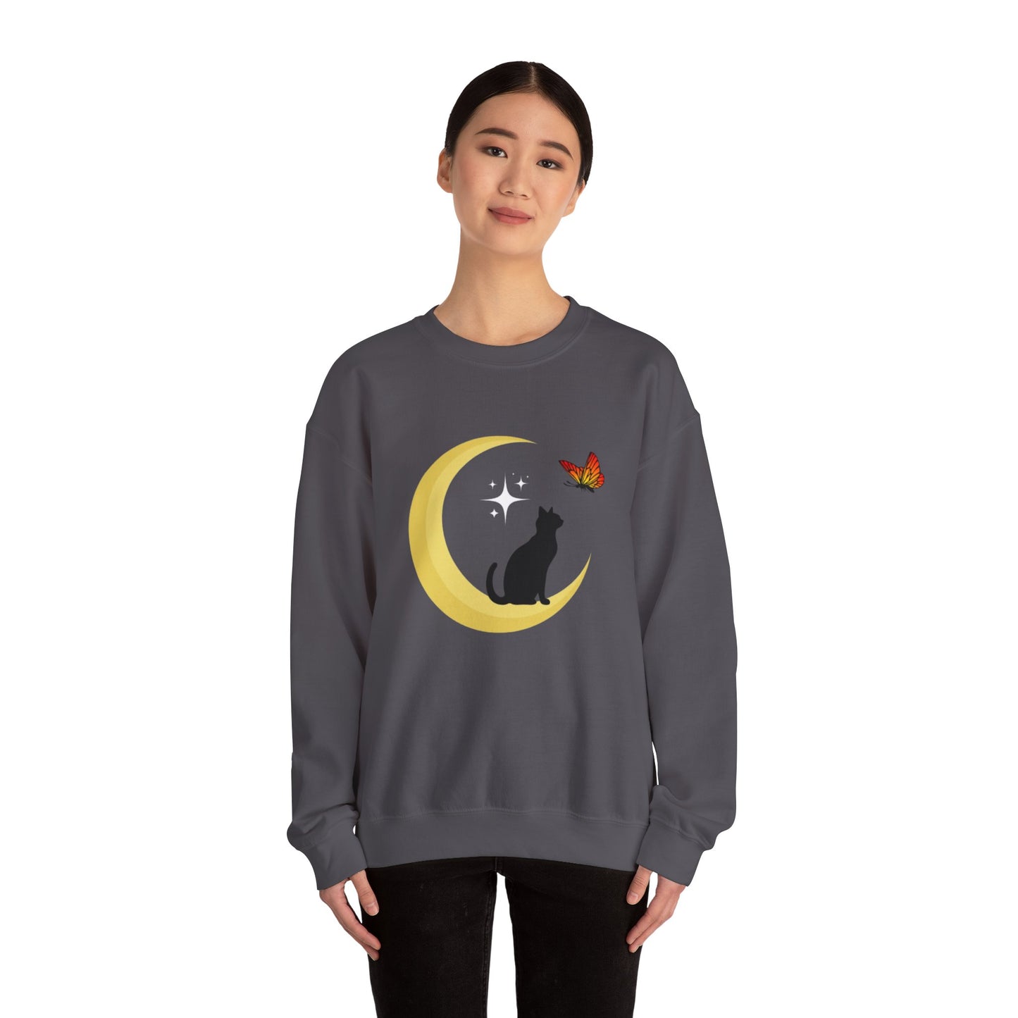 Woman's Heavy Blend™ Crewneck Sweatshirt/ Cat on the moon/White Star/Fall