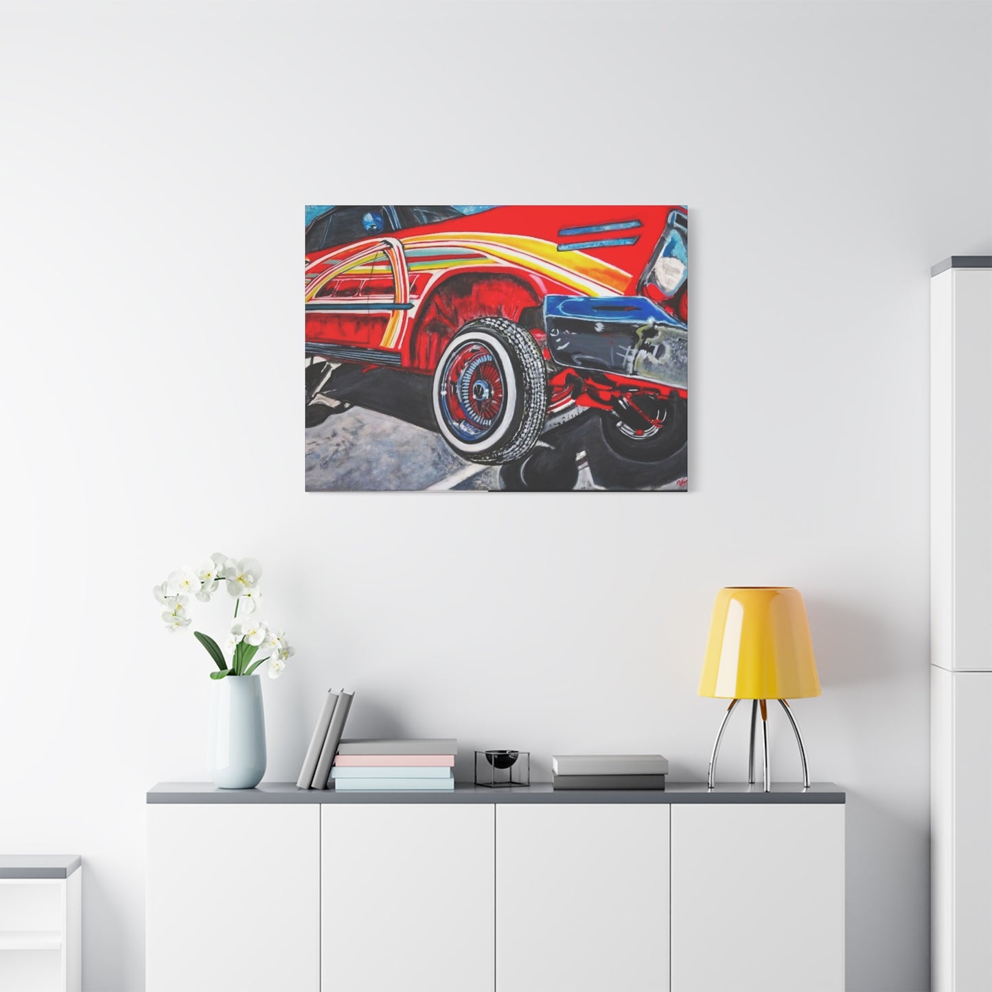 Matte Canvas, Stretched, 1.25" /Acrylic Painted Print/Red Lowrider on Hydraulics