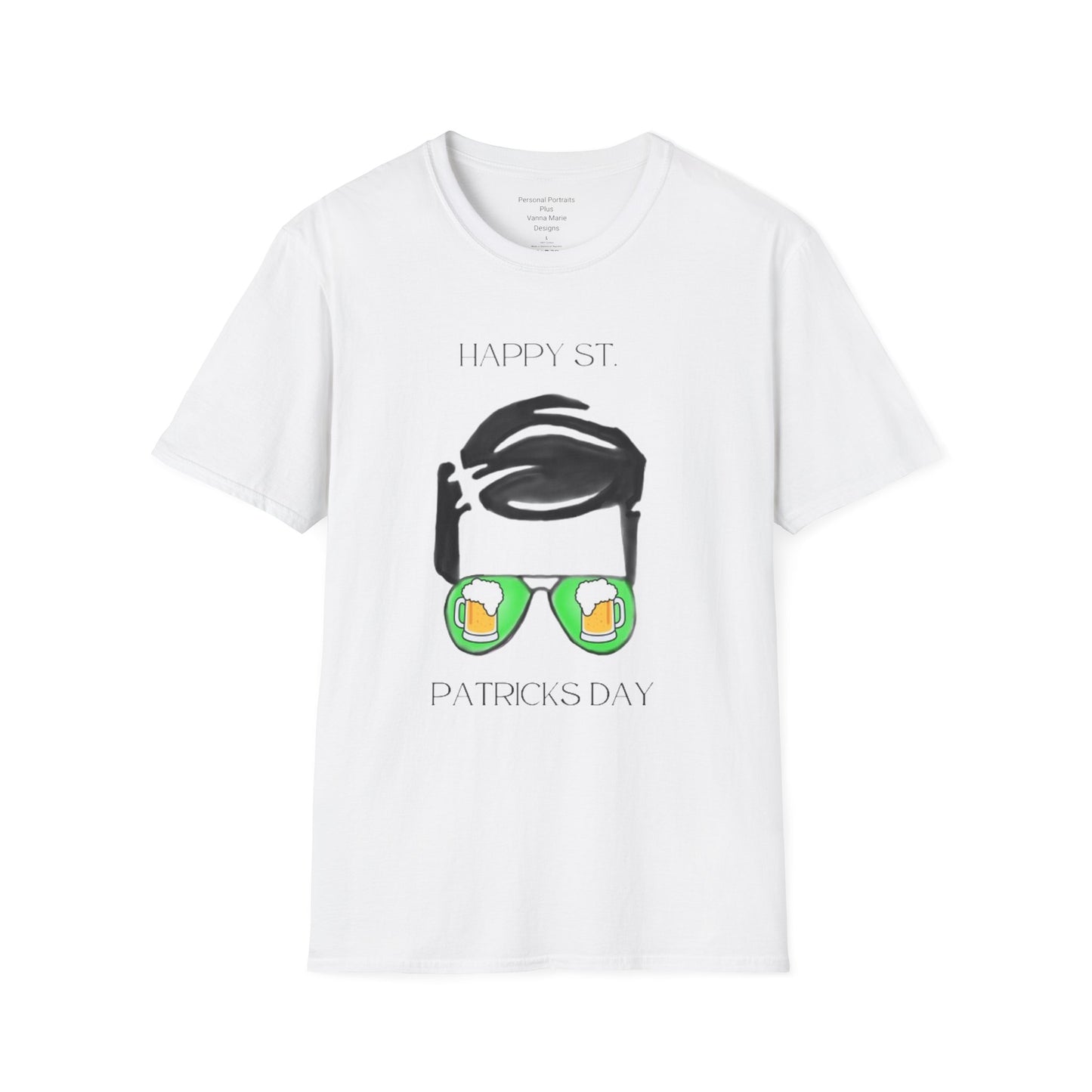 Unisex Softstyle T-Shirt/Happy St. Patrick's Day/ Man/ Brunette/ Green Glasses/ Golden Beer