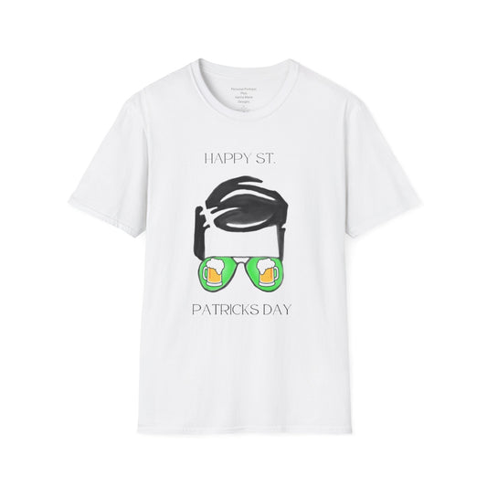 Unisex Softstyle T-Shirt/Happy St. Patrick's Day/ Man/ Brunette/ Green Glasses/ Golden Beer