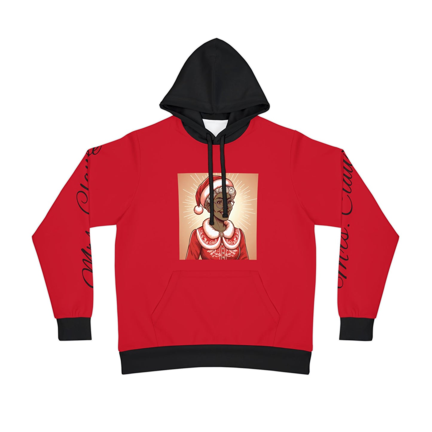 Women's Athletic Hoodie (AOP)/African American Mrs. Clause/  Text down the arm