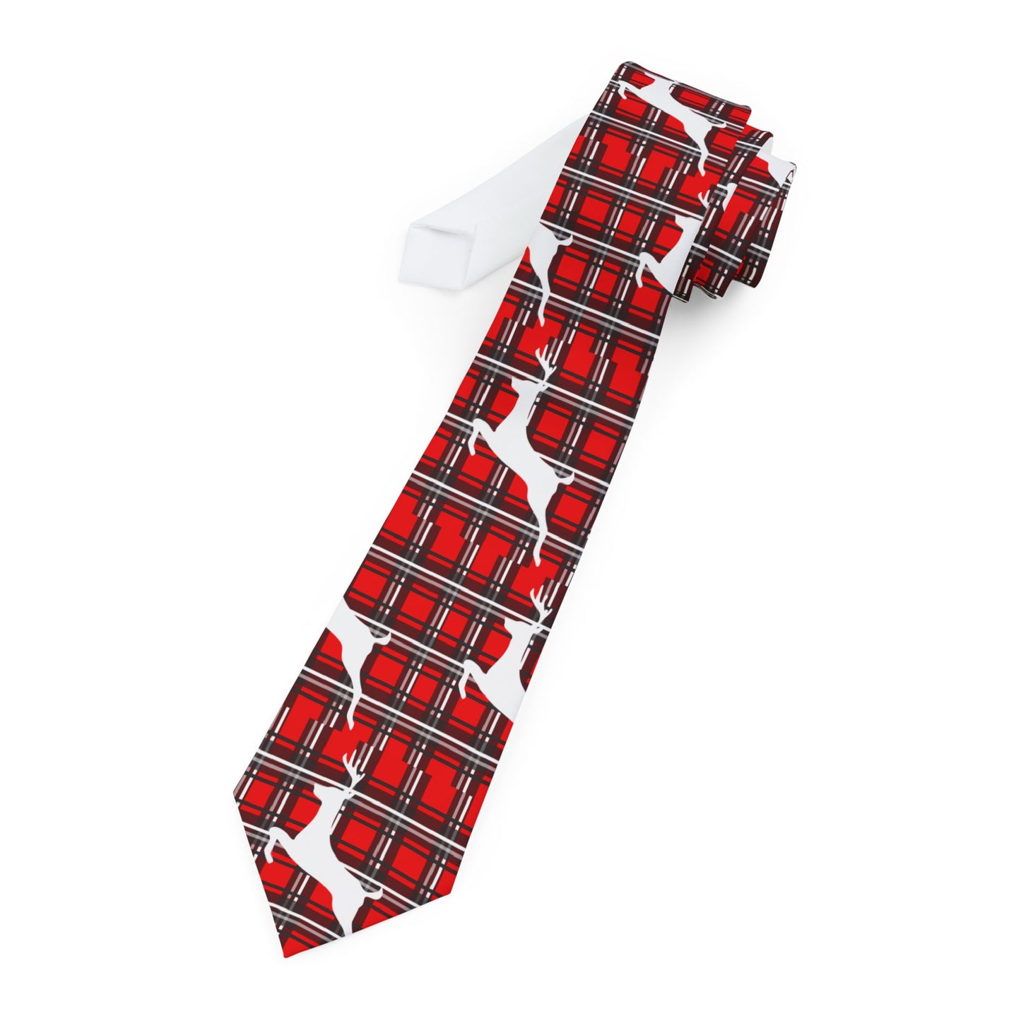 Men's Necktie/Red/Black/White Plaid/ White Reindeer/Holiday