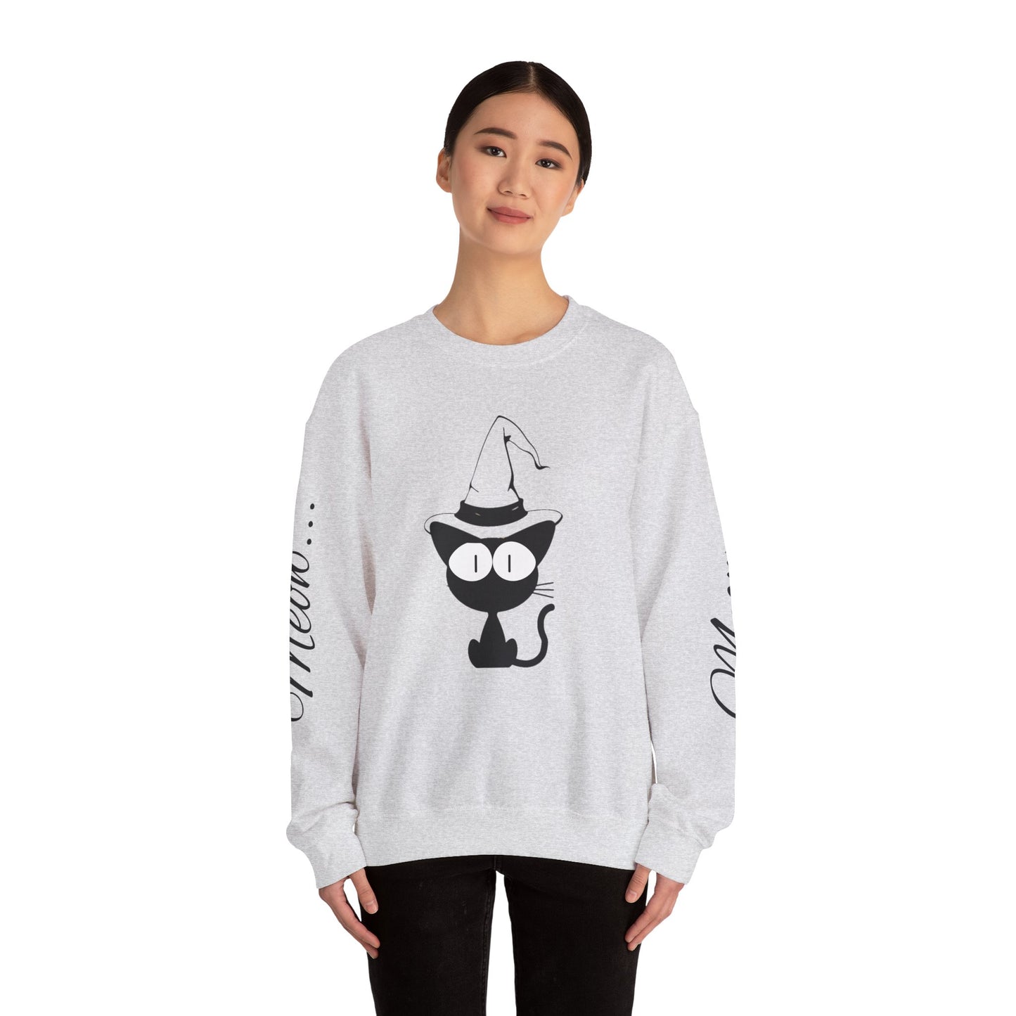 Womans Heavy Blend™ Crewneck Sweatshirt/Cat in a Hat/Holiday/Text down the Arm