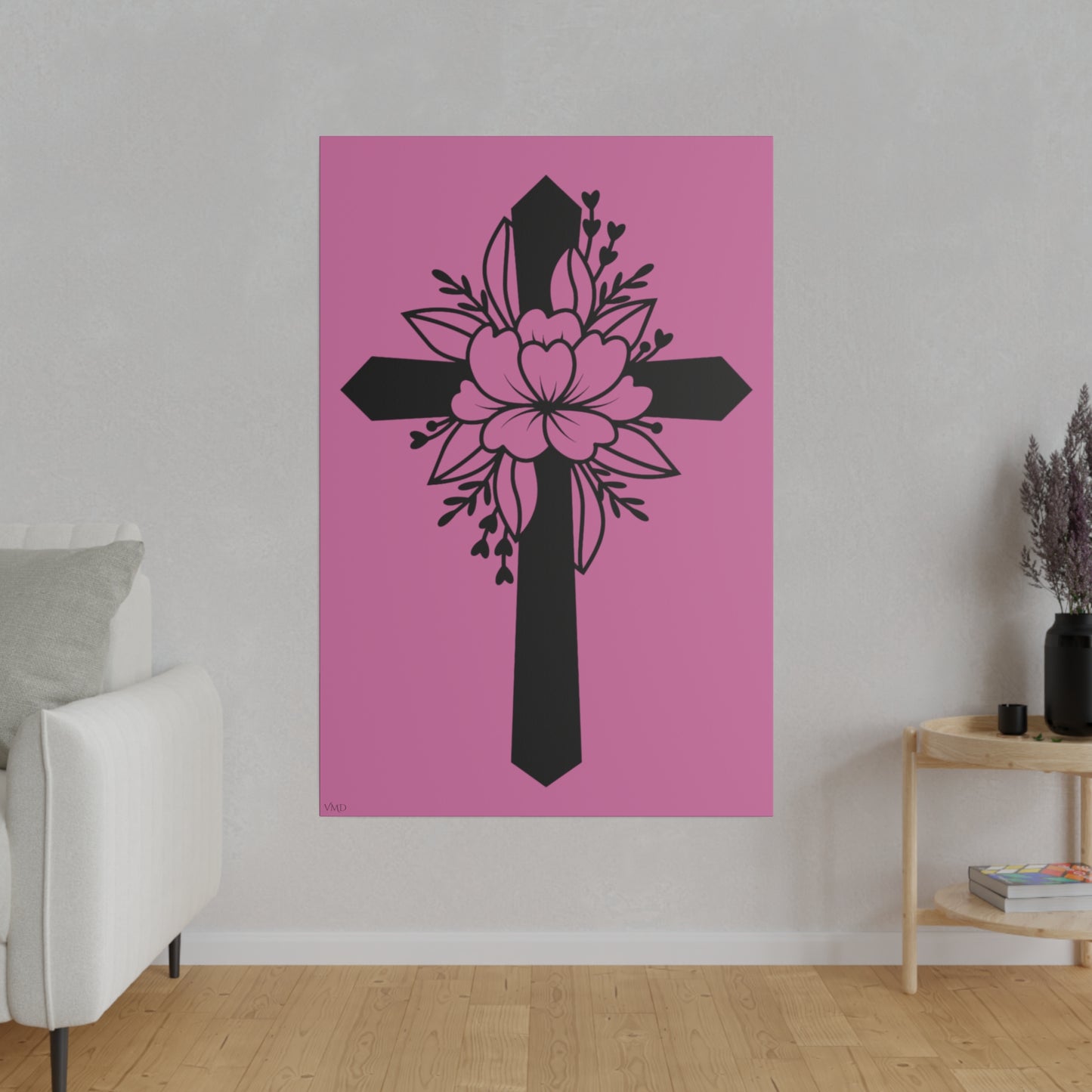 Digital Portrait Print, 0.75"/Floral Cross/Pink BG